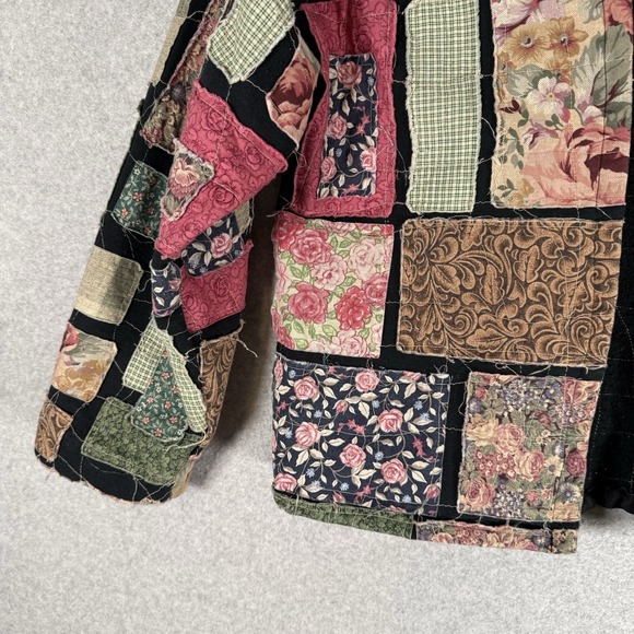 Vintage Patchwork Jacket Womens Medium Black Floral Open Handmade - Picture 3 of 10